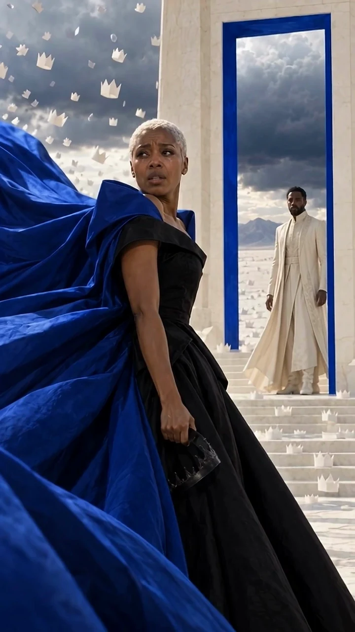 Cobalt fabric flowing past a monumental blue doorway