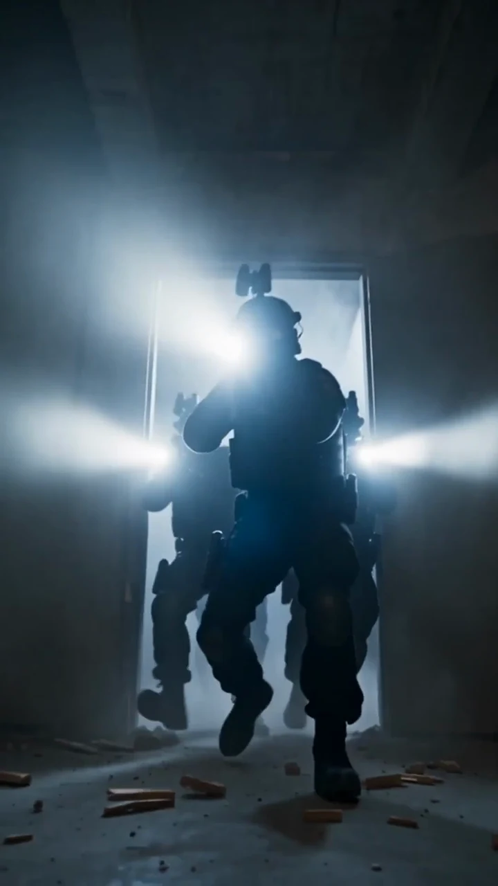 A silhouette entering a smoky room with a bright flashlight