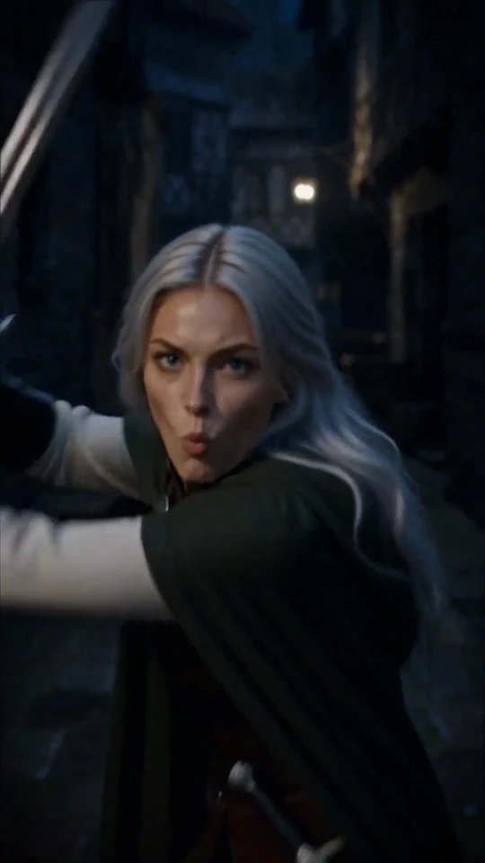 A silver-haired swordswoman striking in a moonlit courtyard