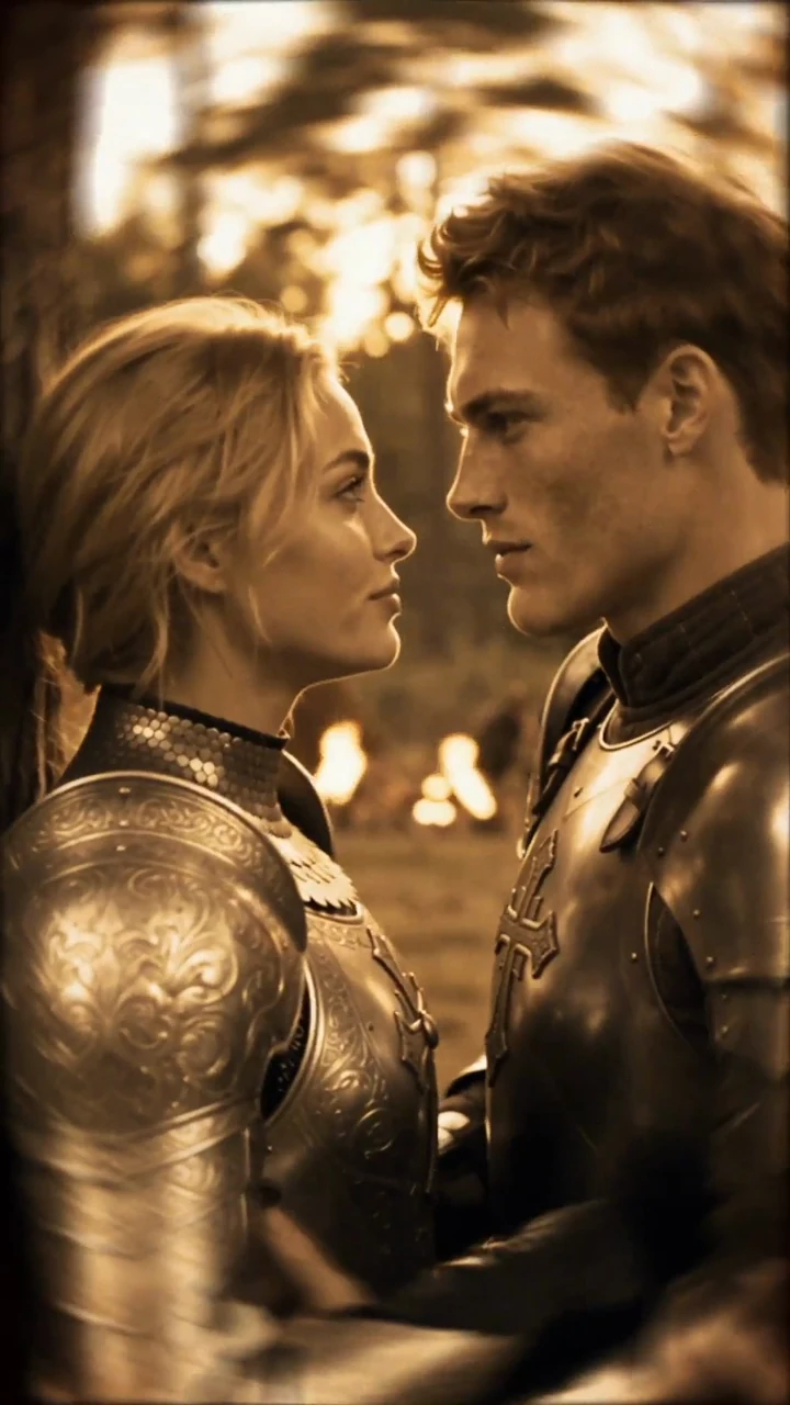 Two armoured characters in warm golden light