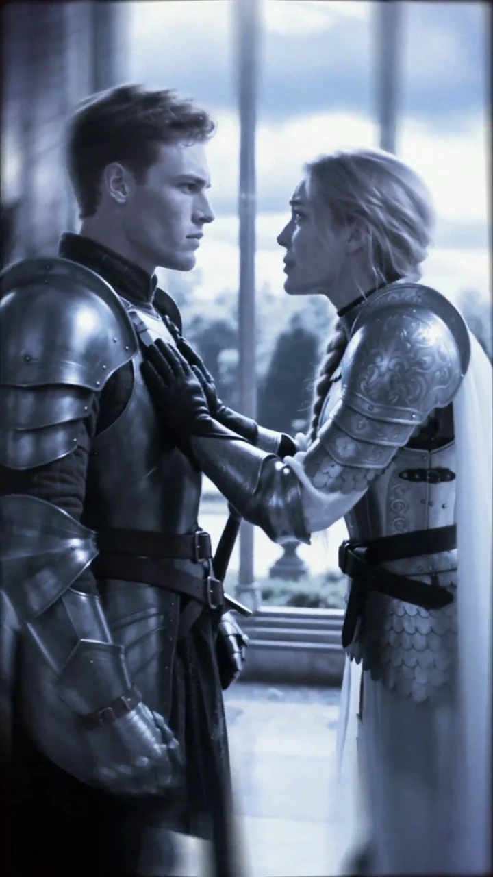 Two armoured characters in the cool light of a castle window