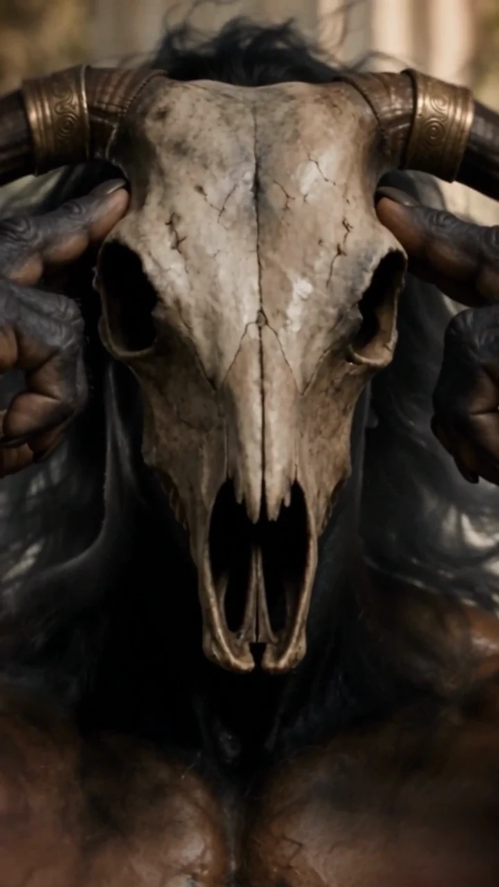 A mythical figure wearing a horned skull mask in sunlight