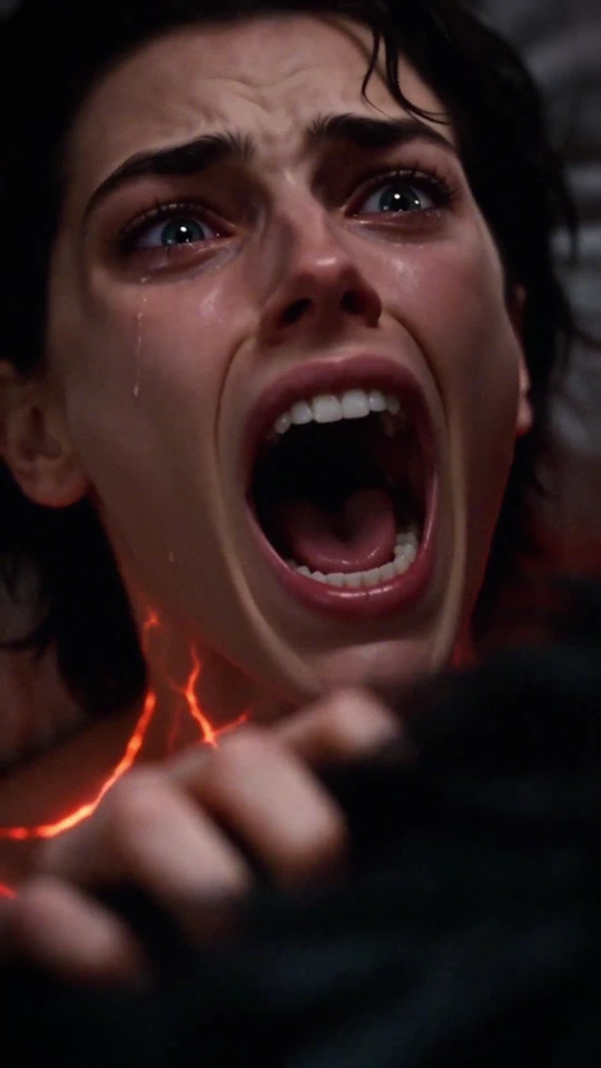 A woman screaming in fear, her face lit by red magical light