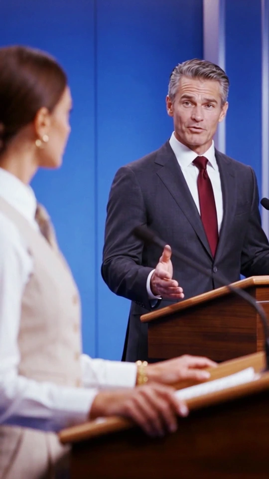 A woman and her male opponent at podiums on a blue-lit debate stage