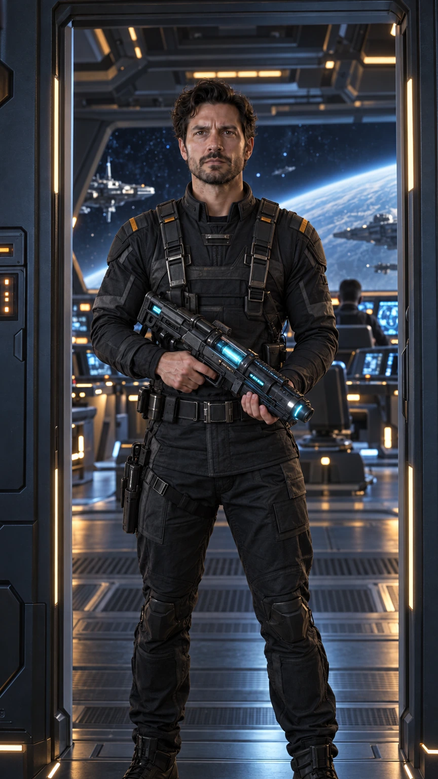 The actor in flight gear with a plasma blaster at a spacecraft command bridge
