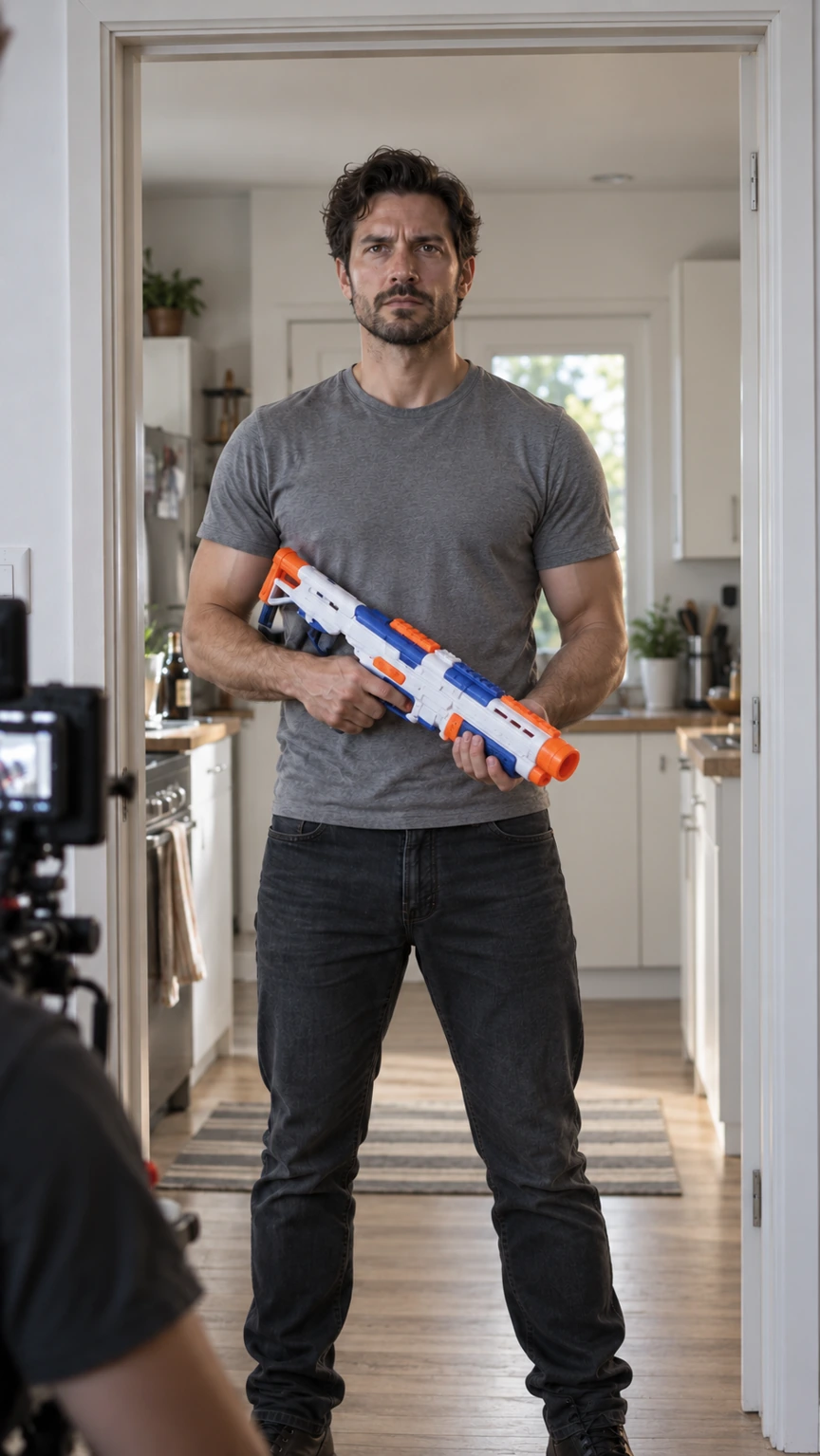 The same actor in a T-shirt holding a toy blaster at a kitchen doorway