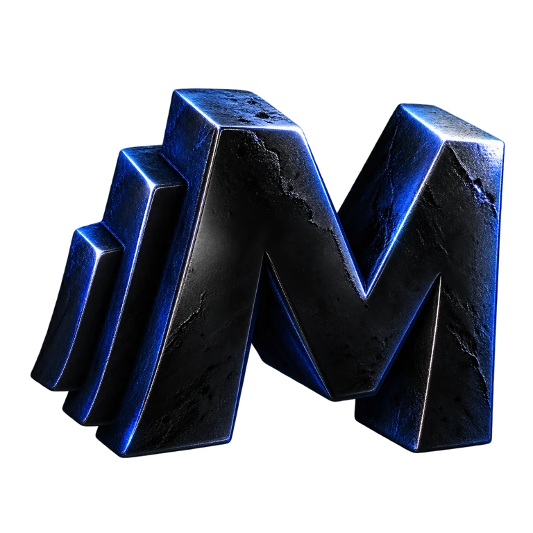A dark sculptural M with blue echoes of movement