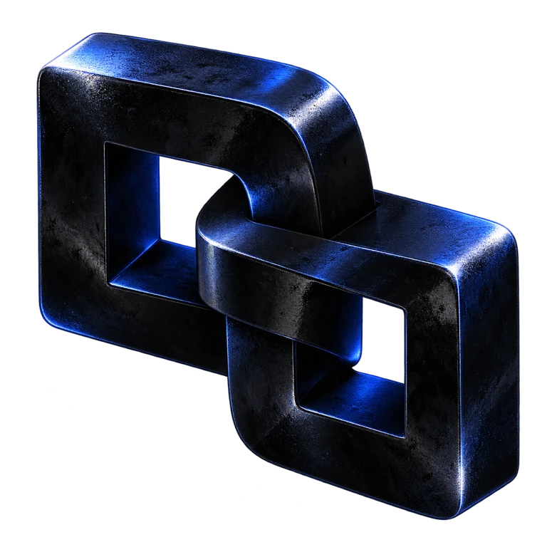 Two blue-lit dark frames woven together by a continuous band